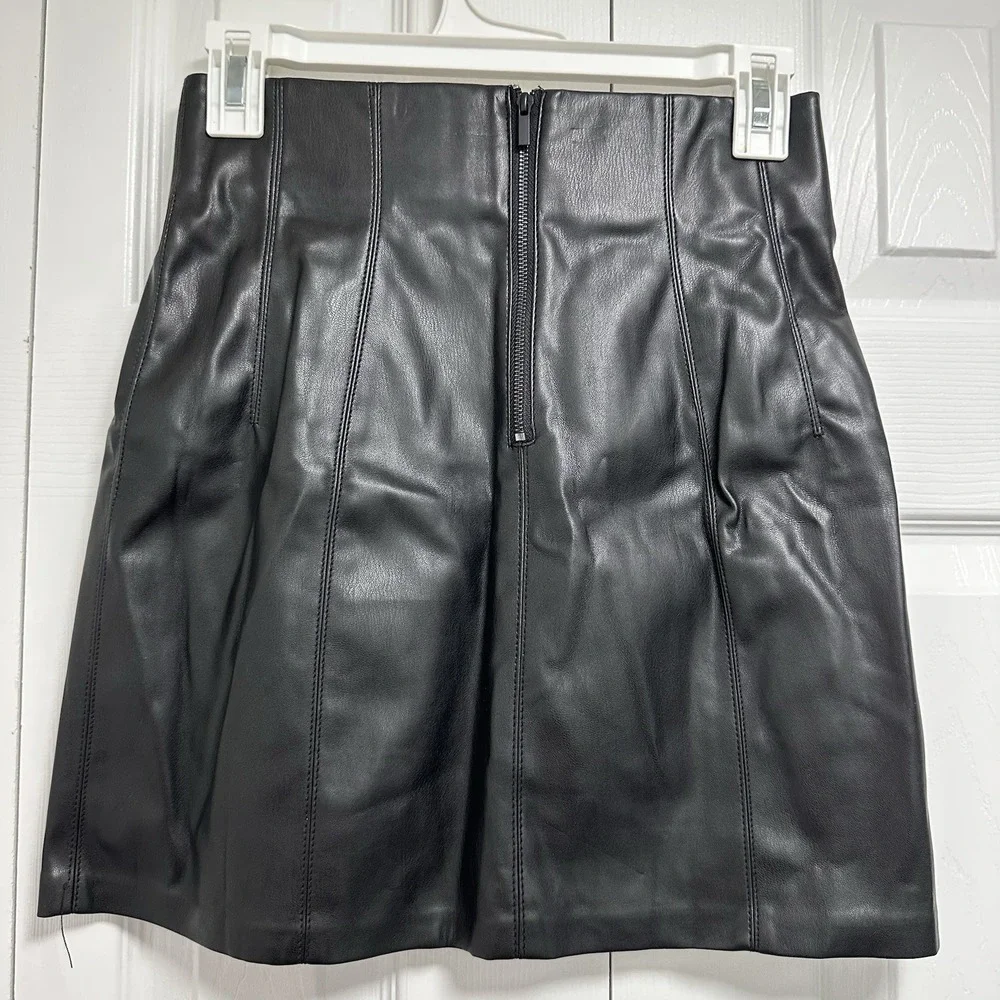 ZARA Black Faux Leather Long Flare Skirt Sz Small